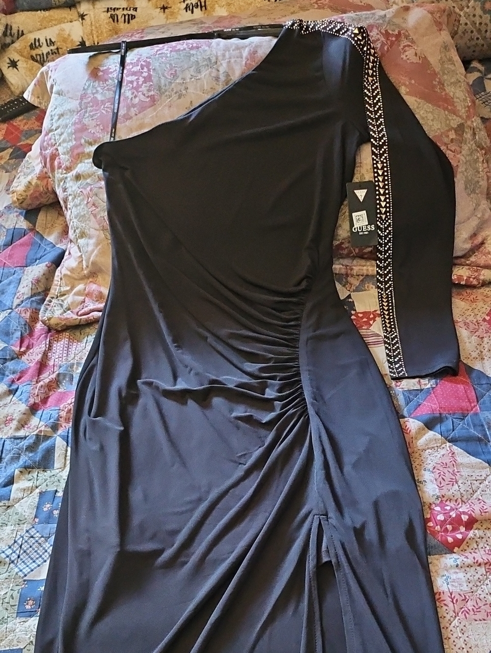 GUESS Black One-Shoulder Ruched Dress with Embellished Sleeve